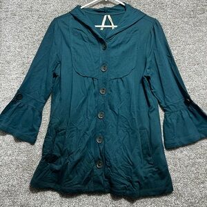 High Sierra Woman’s Green Teal Button Front Knit Hooded Jacket Size Large